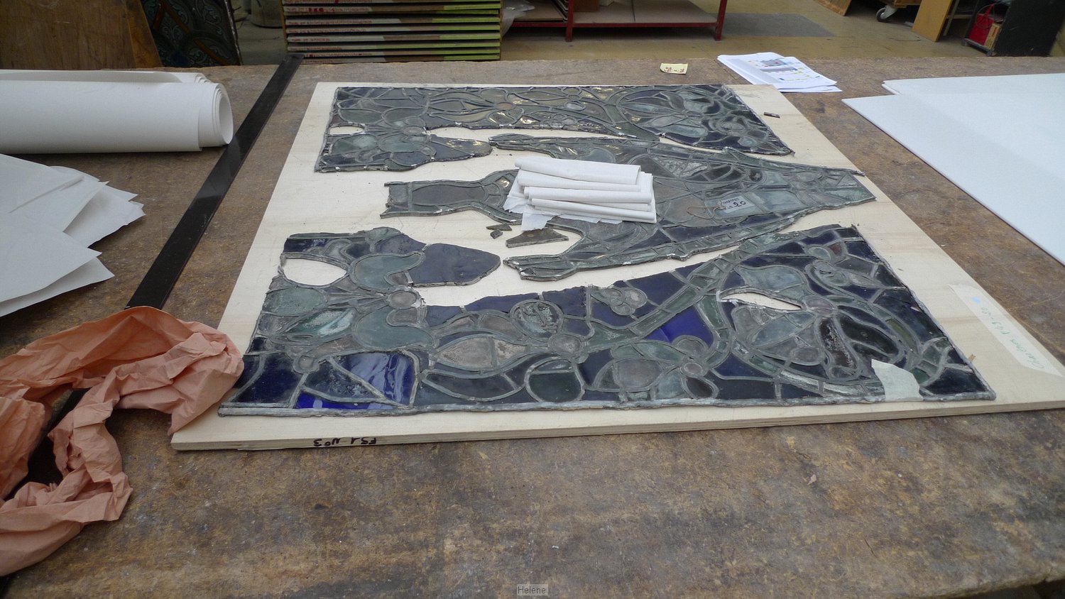 Work on glass of the west facade of Chartres cathedral.